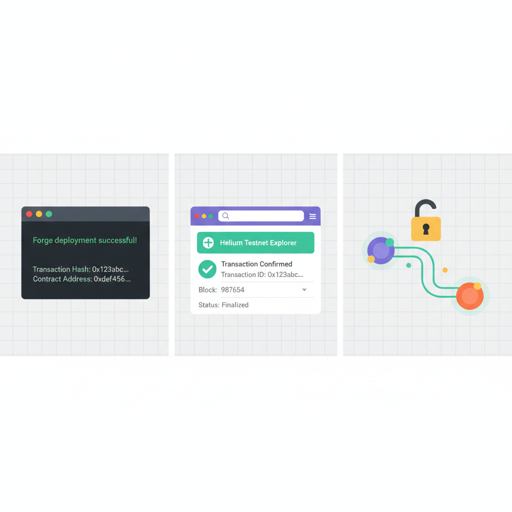 successful Forge deployment terminal output, Helium testnet explorer screenshot