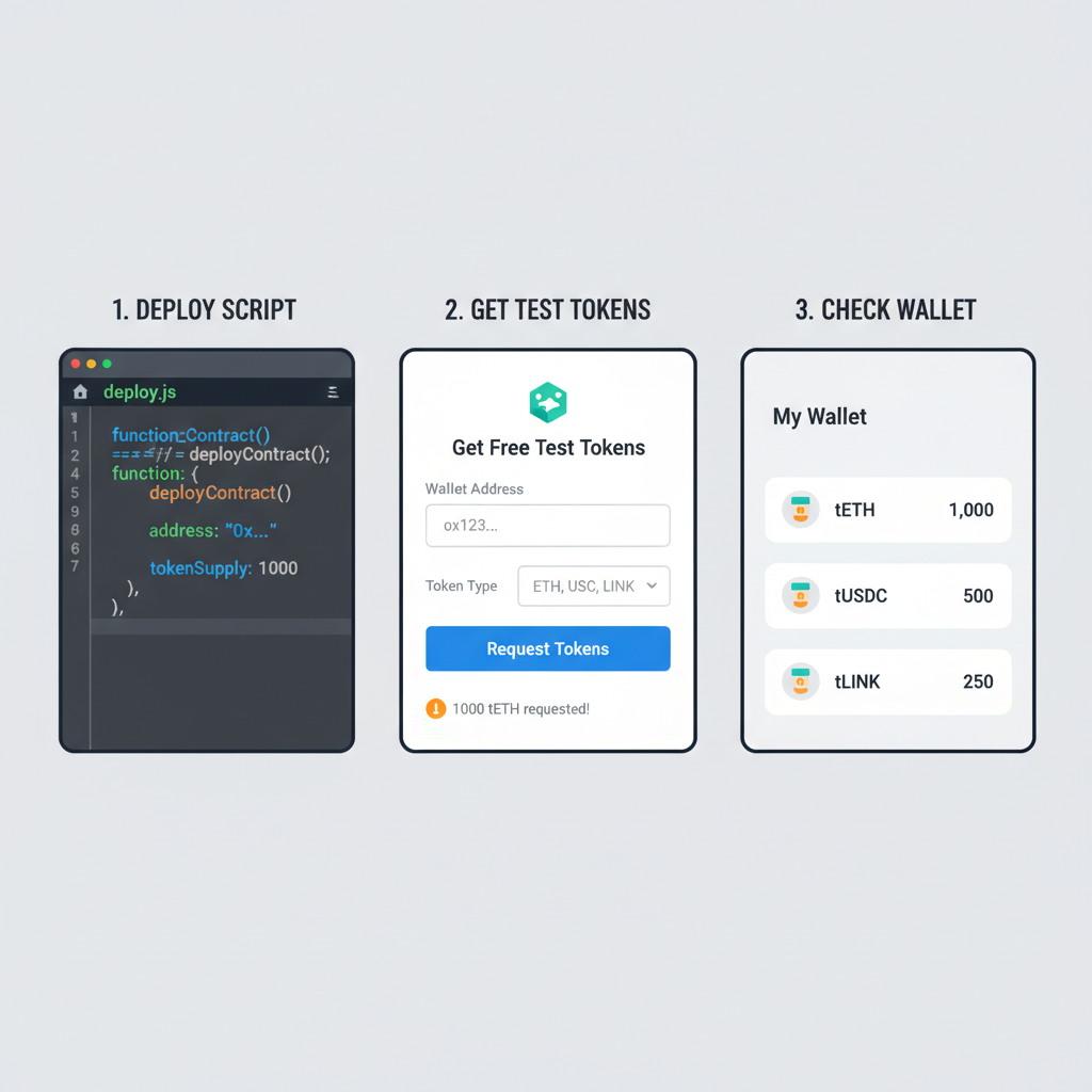 deployment script in editor, testnet faucet UI, wallet with test tokens