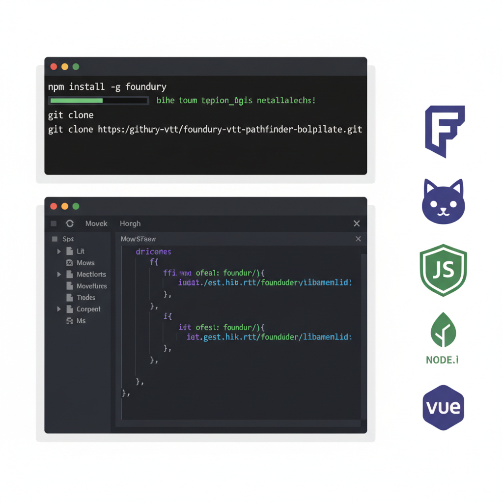 developer terminal installing Foundry and cloning GitHub repo, dark mode code editor, tech stack icons