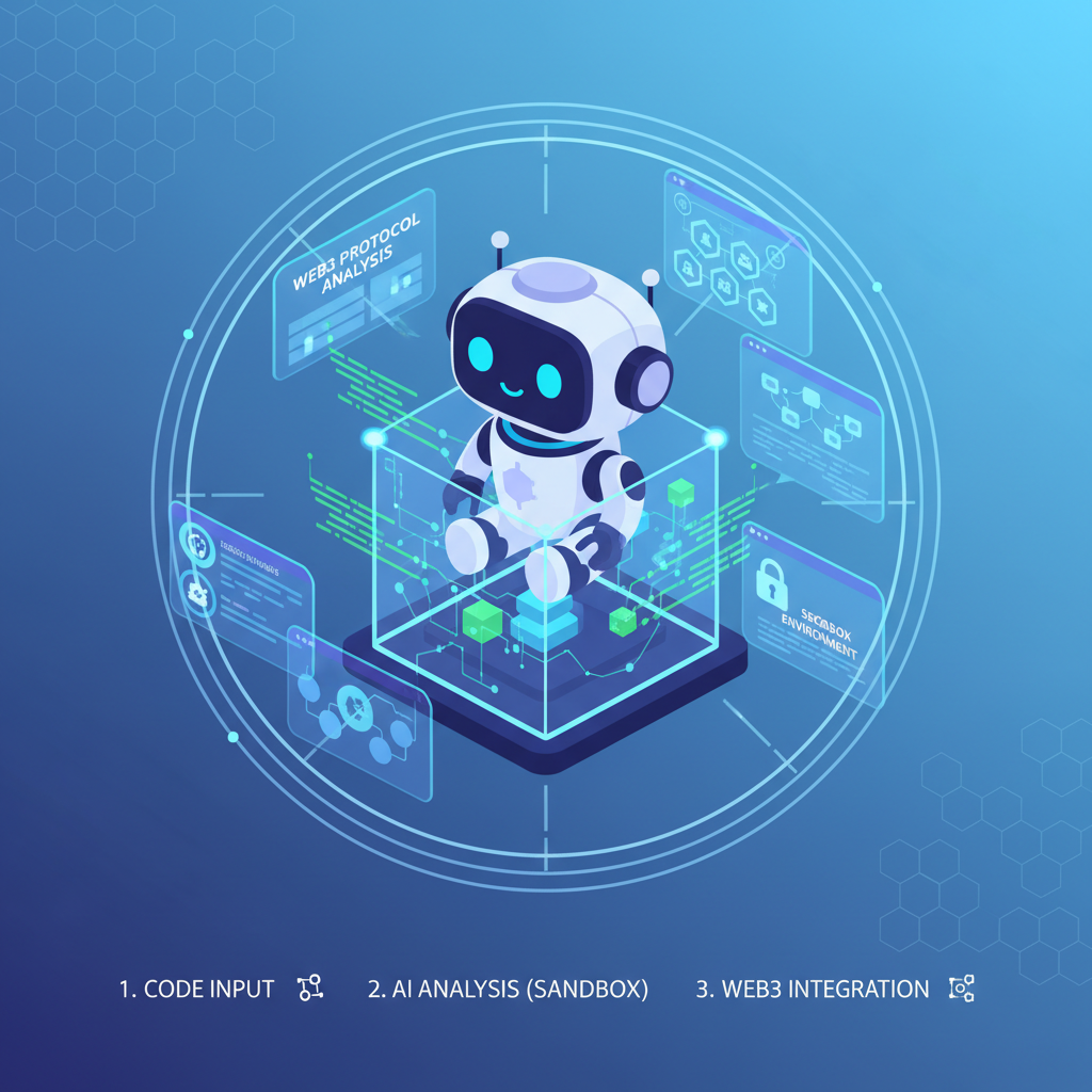 AI bot analyzing code in secure sandbox container, holographic screens, web3 elements, professional tech aesthetic
