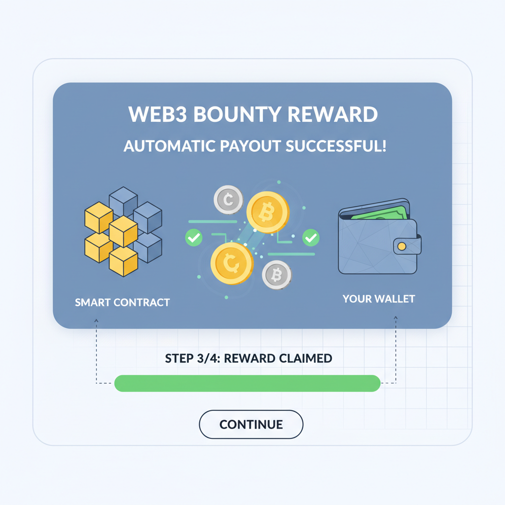 automatic payout transaction on blockchain, coins flowing to wallet, success animation, web3 bounty reward screen