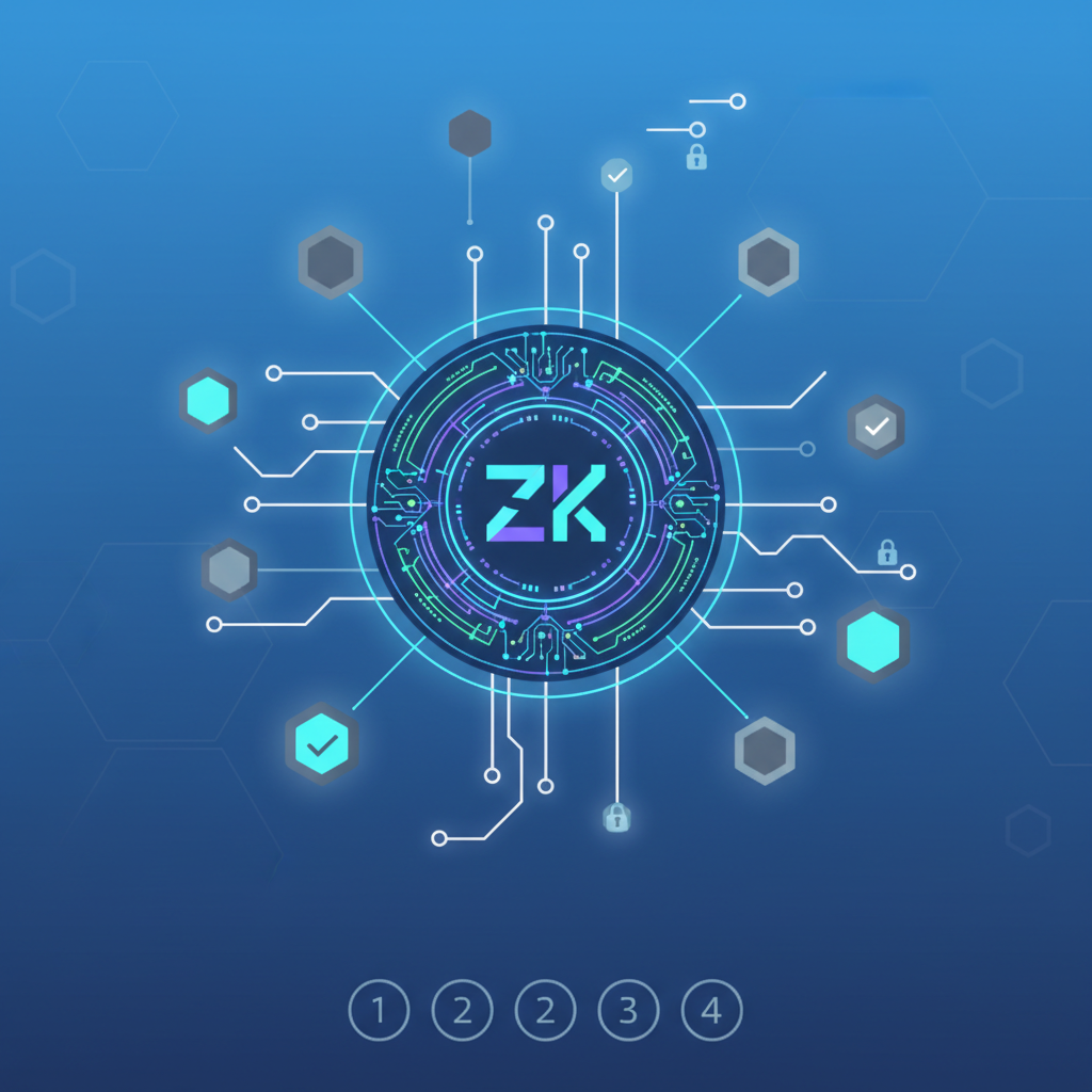 generating zero knowledge proof circuit, glowing zk symbols, blockchain nodes connecting, abstract digital verification