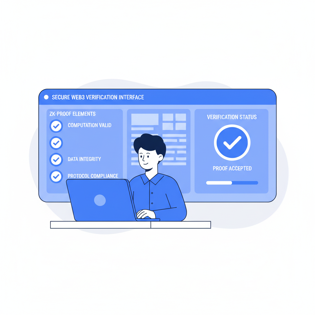verifier examining zk proof on dashboard, checkmark icons, secure web3 verification interface, professional blue hues