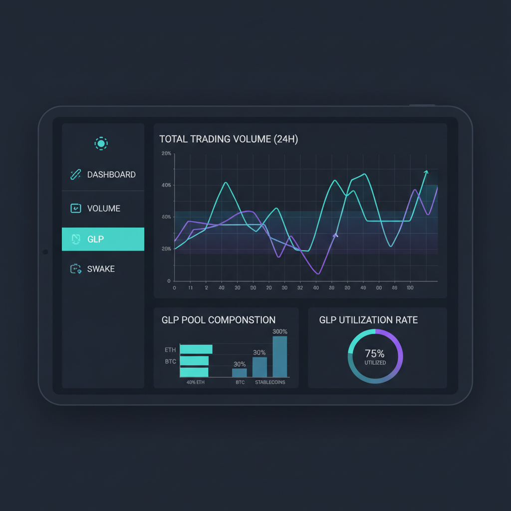 sleek crypto analytics dashboard on dark mode showing volume charts and GLP metrics