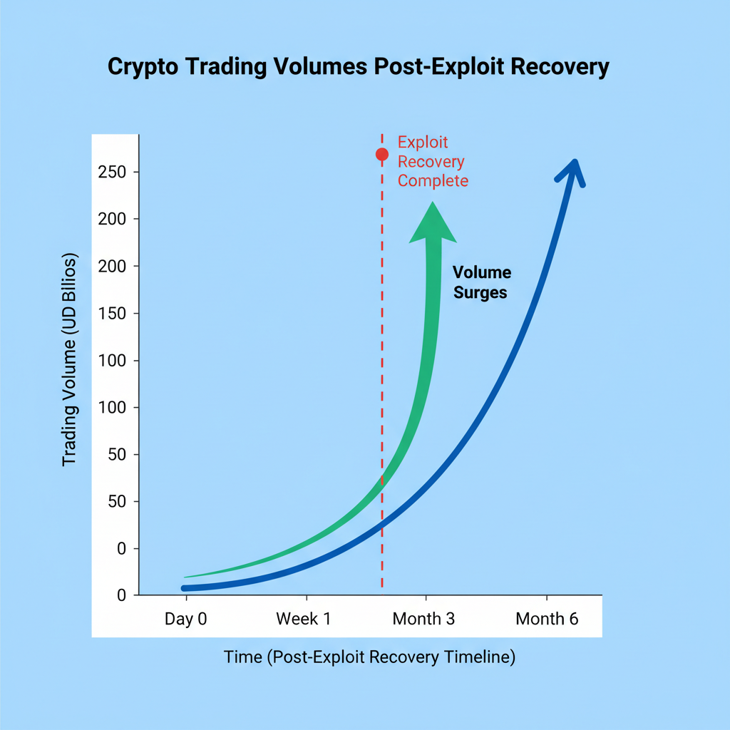 line chart of crypto trading volumes surging post-exploit recovery timeline