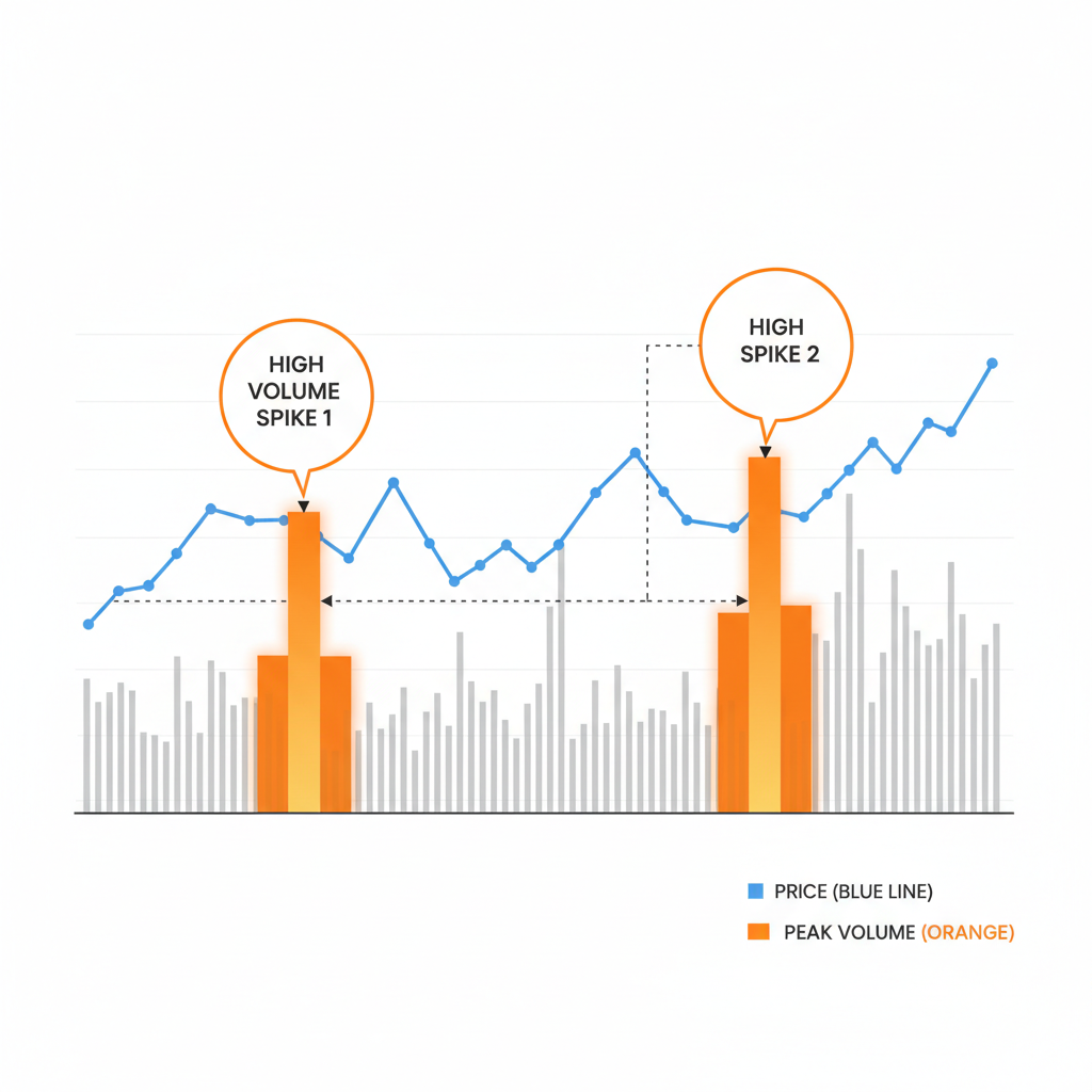 highlighted peak volume bars on crypto analytics graph with annotations