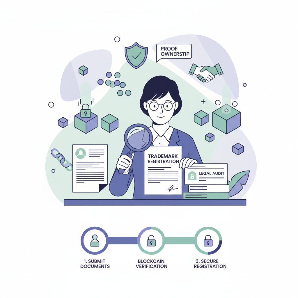 professional lawyer auditing trademark documents with blockchain icons