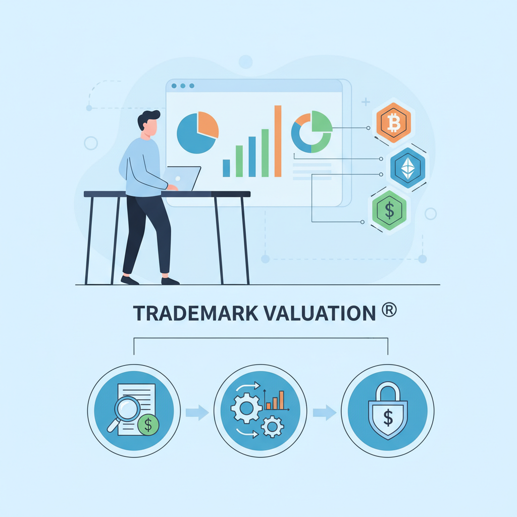 financial analyst valuing trademark with charts and blockchain tokens