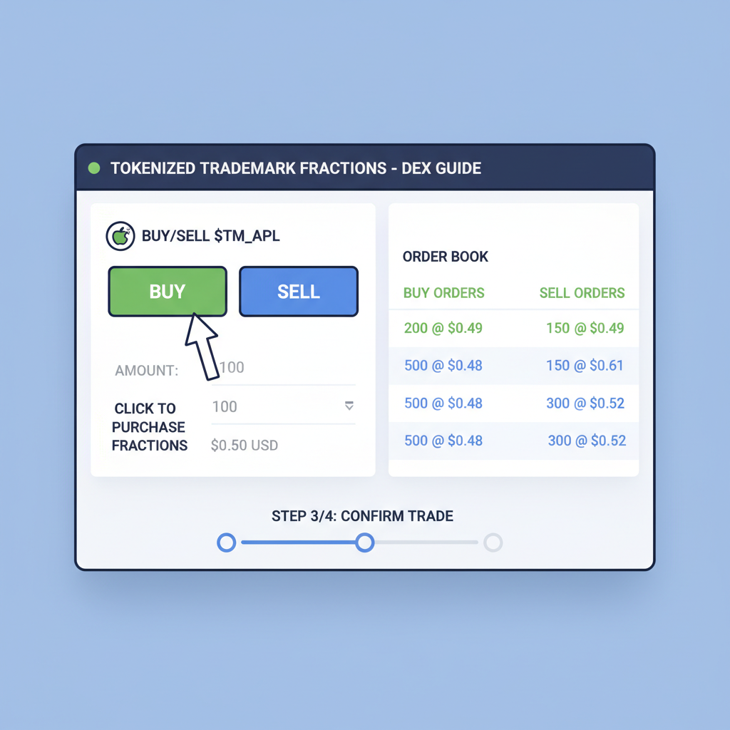 DEX trading screen with tokenized trademark fractions