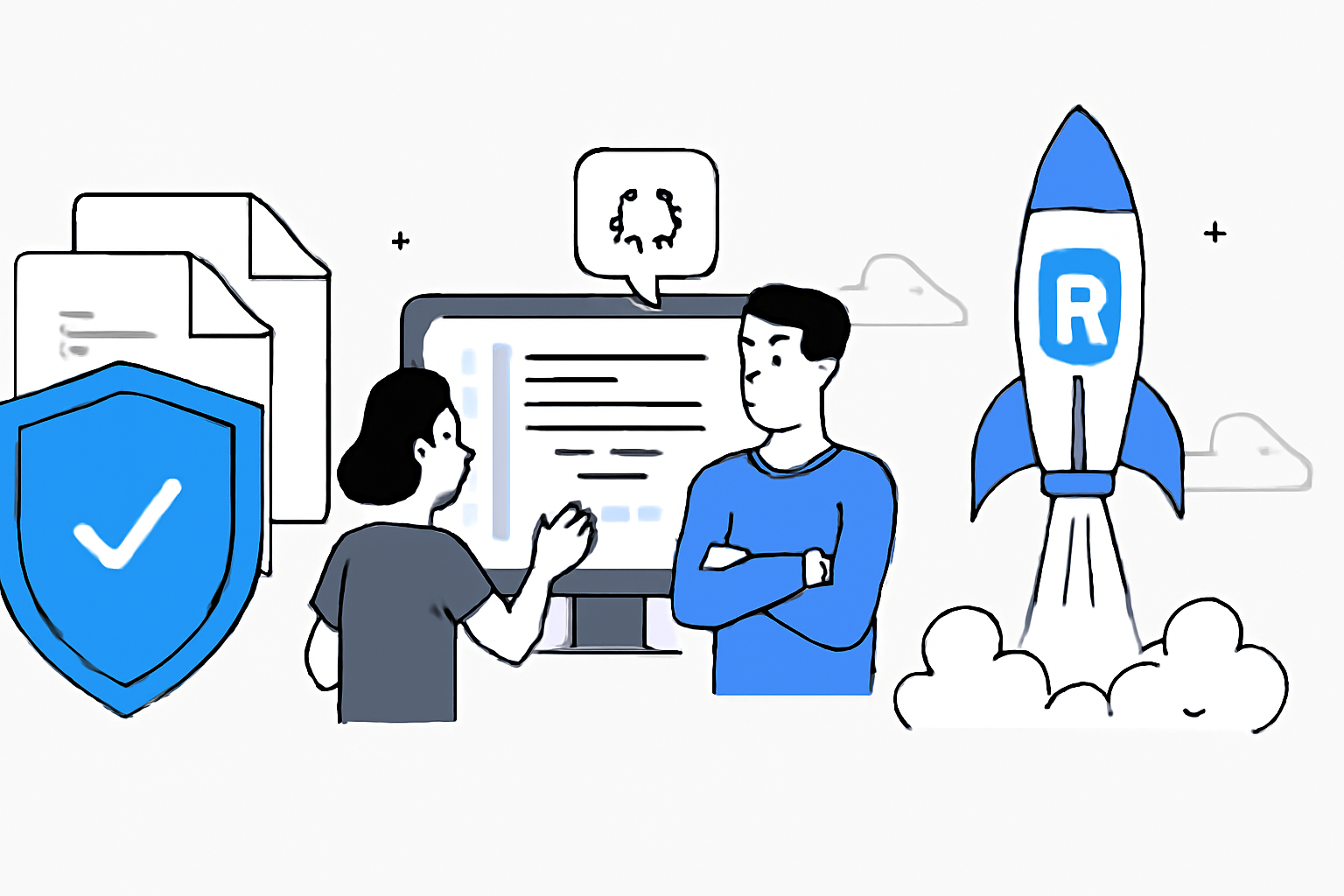 A shield over smart contracts, developers reviewing code, and a launch rocket with the Ronin logo.