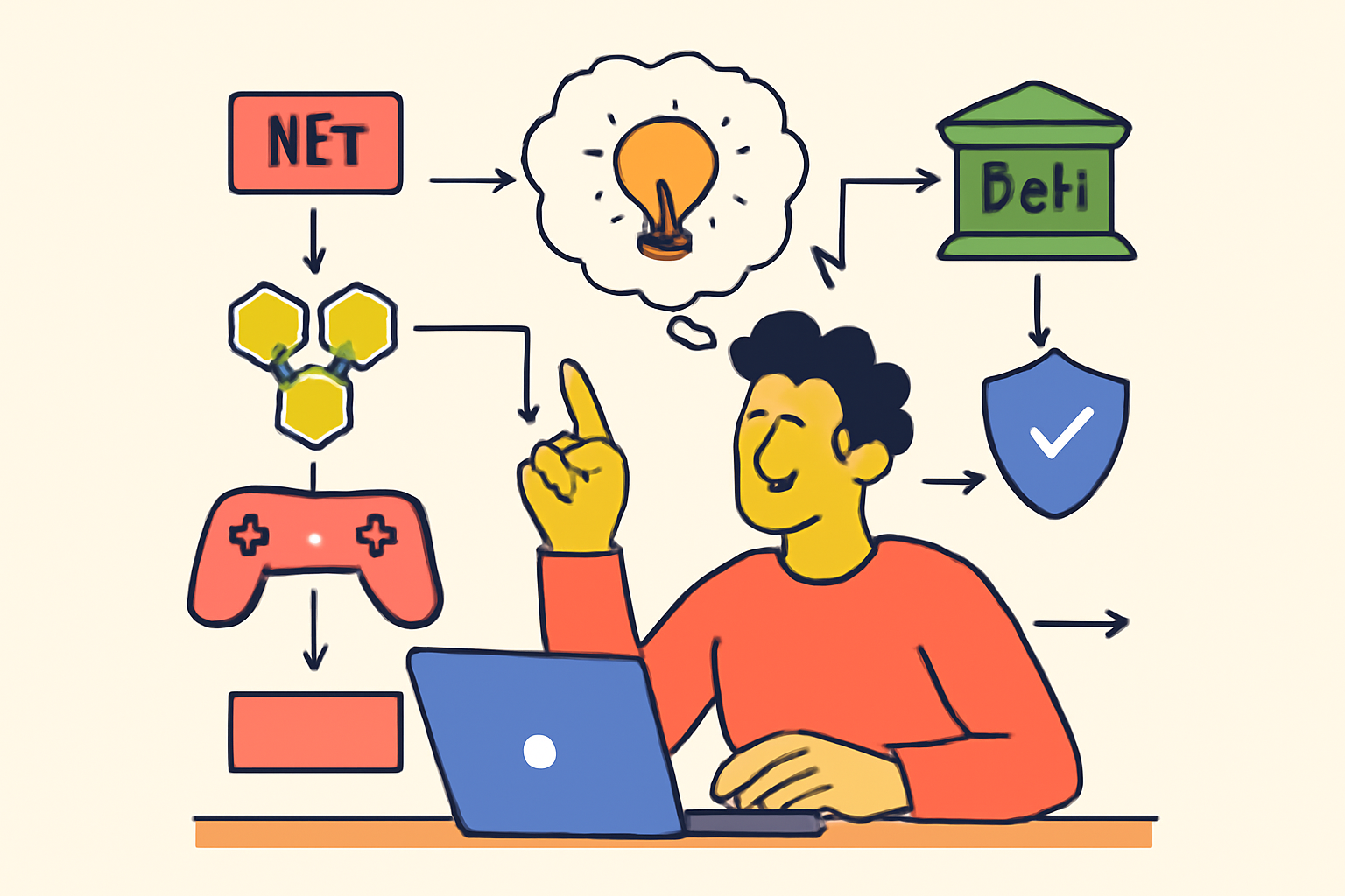 A developer brainstorming with flowcharts and game icons, representing different blockchain use cases, dynamic and energetic style.
