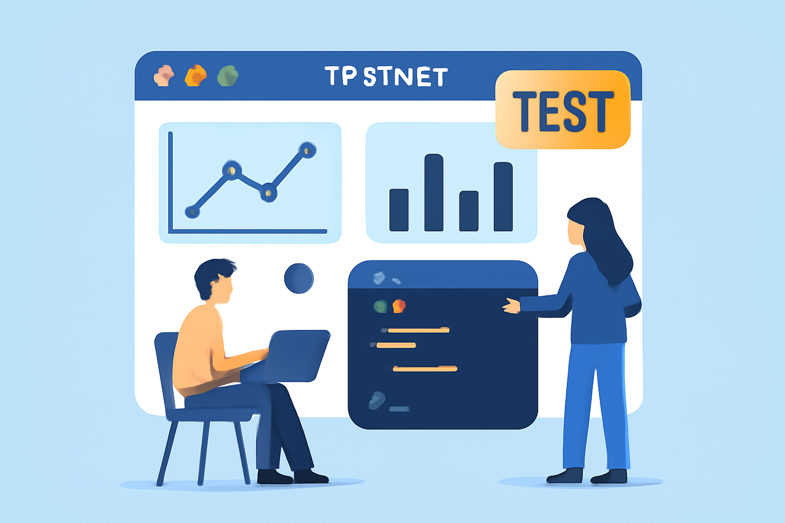 A testnet dashboard with charts, code, and a playful 'test' badge, developers interacting with terminals.