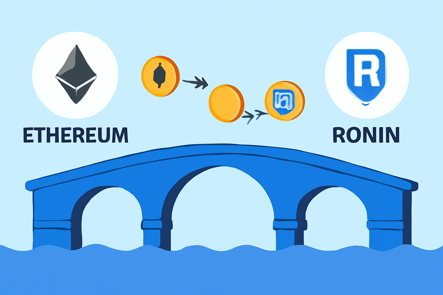 A digital bridge connecting Ethereum and Ronin chains, with animated tokens moving across, vibrant and clear style.