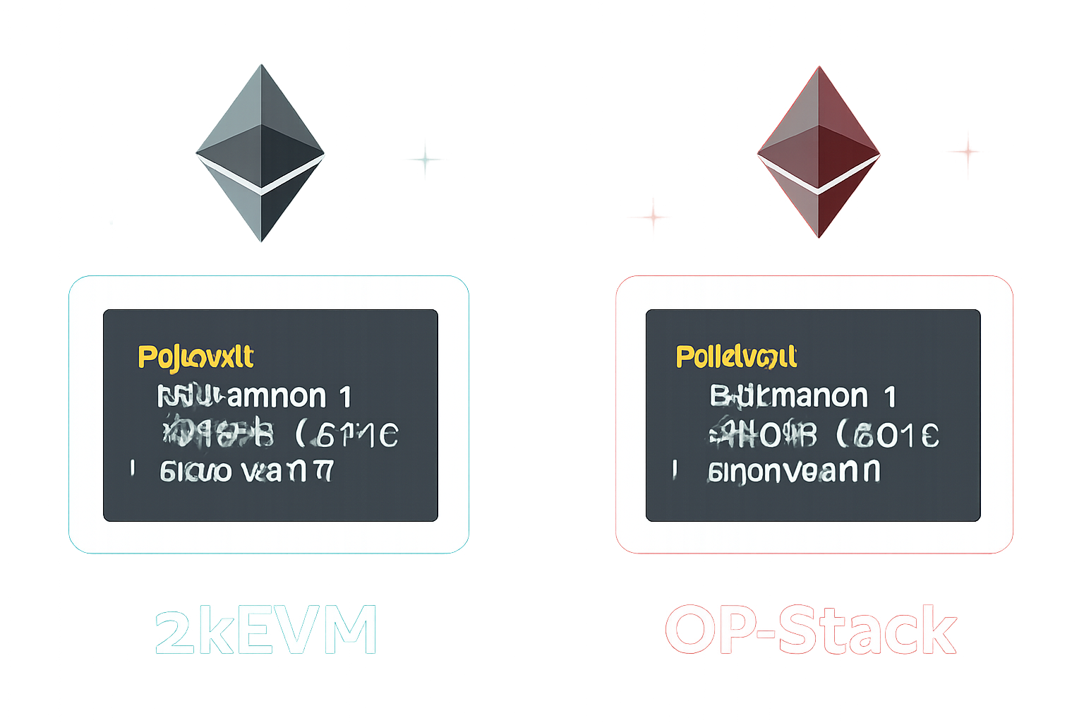 A split screen showing zkEVM and OP Stack logos, with code snippets and Ethereum symbols, modern tech illustration.