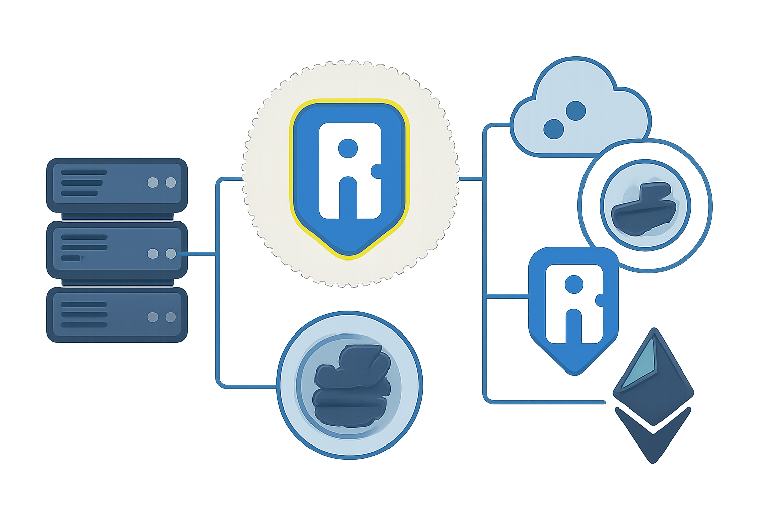 Servers and cloud nodes connected with Ronin and Ethereum logos, with a highlighted RON token and staking icon.