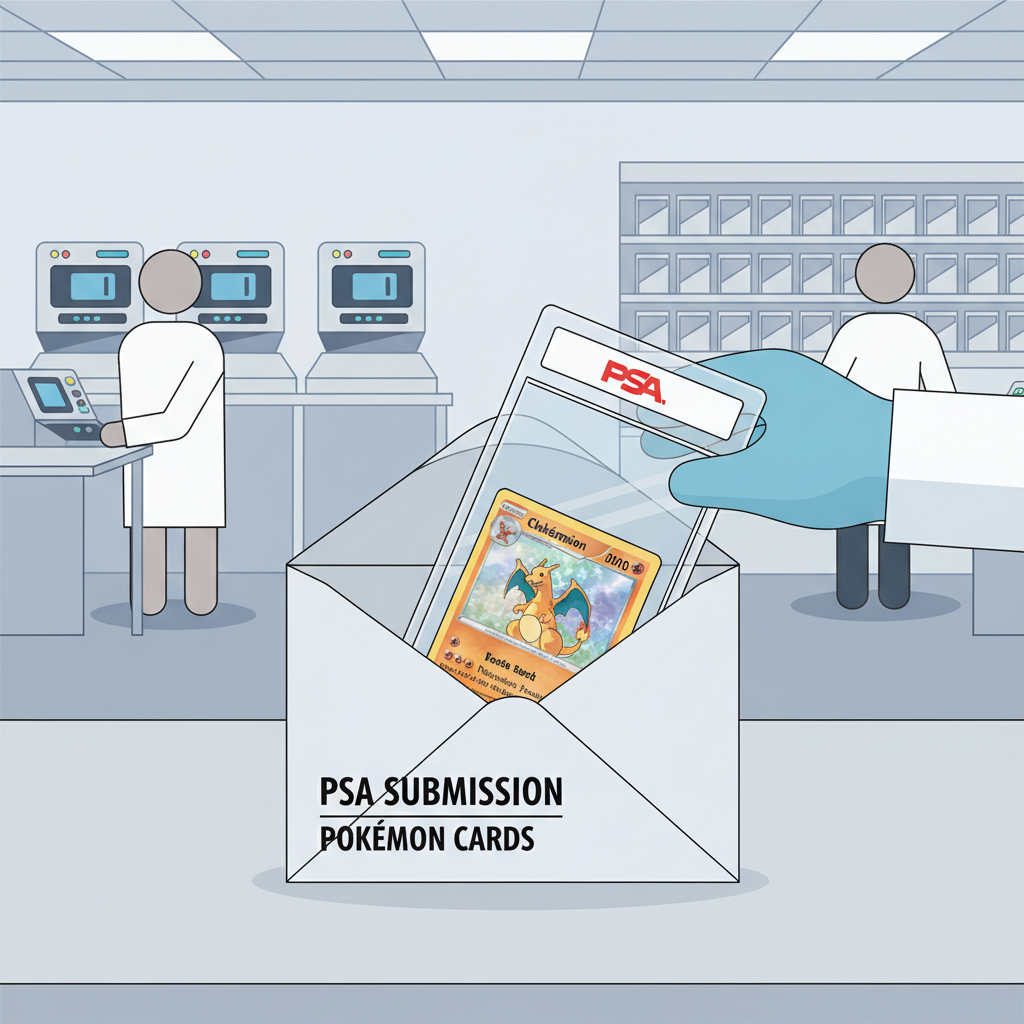 Professional PSA grading lab with Pokémon card submission envelope