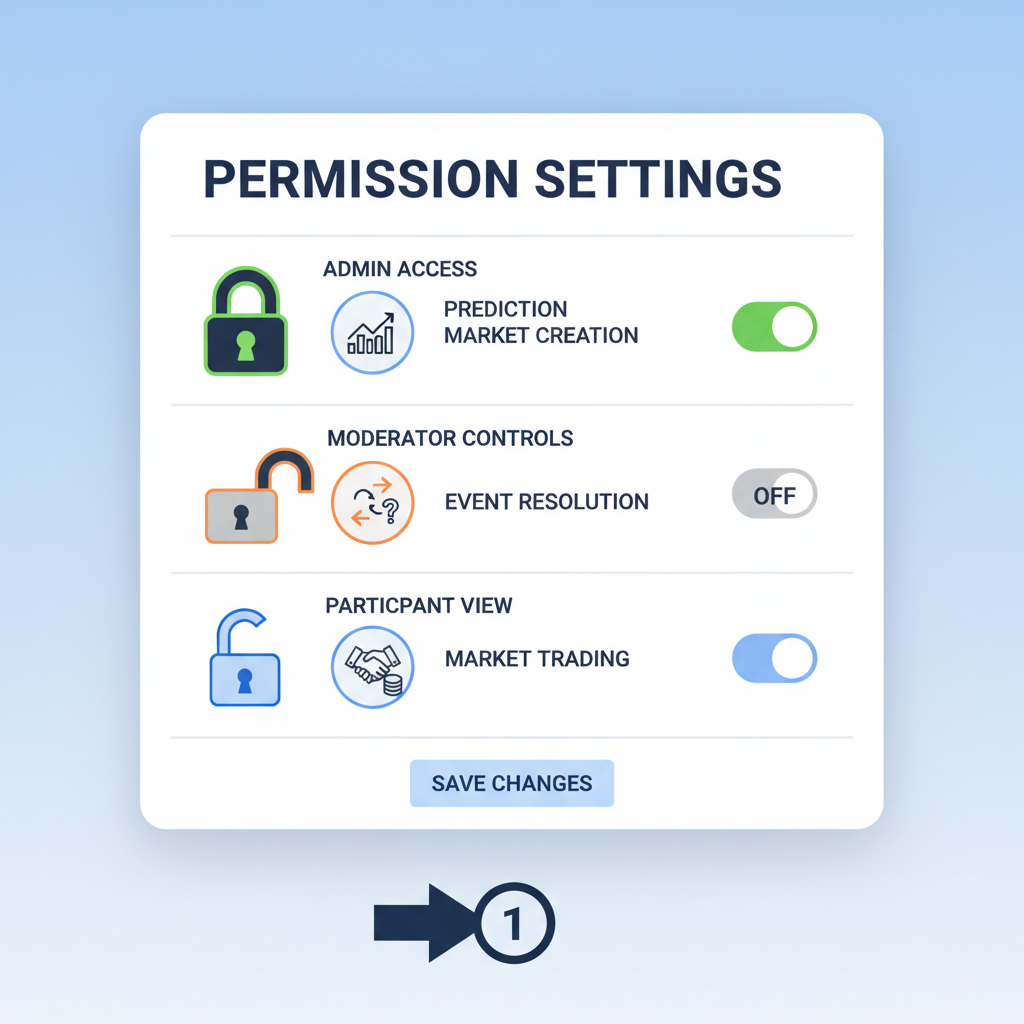 Permission settings dashboard with locks and prediction market icons, secure UI