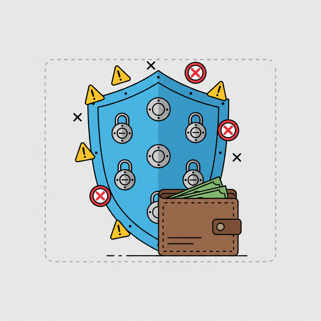 Security shield with locks, caps, and warning icons over wallet