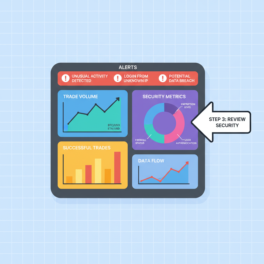 Monitoring dashboard with alerts, graphs of trades and security metrics