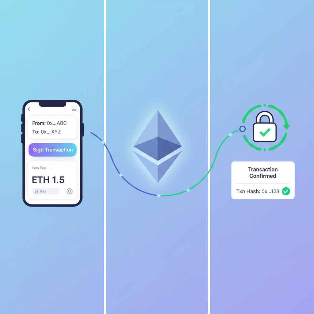 Signing transaction animation in wallet, Ethereum network flow