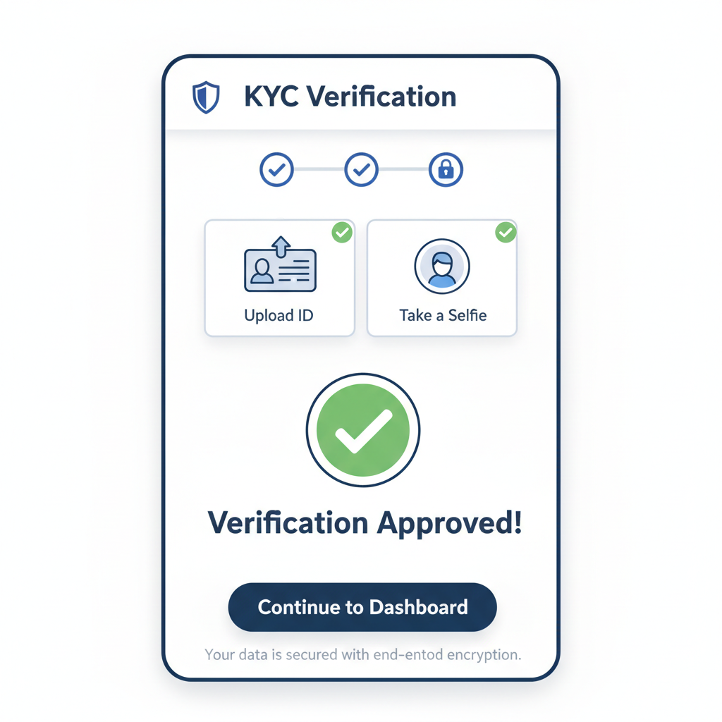 Mobile app KYC screen with ID upload and selfie capture, verification approved checkmark, professional secure design