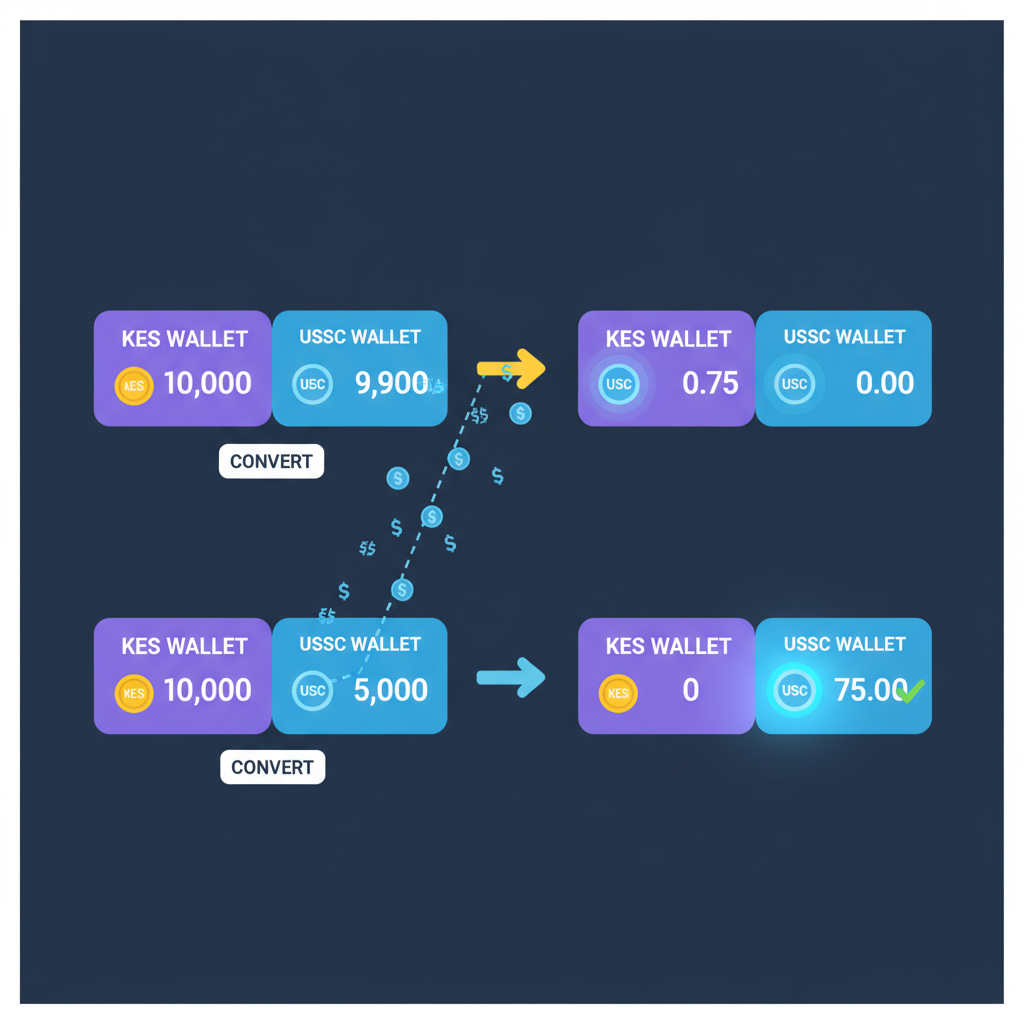 KES to USDC conversion animation, wallet balance updating, USDC stablecoin icon glowing