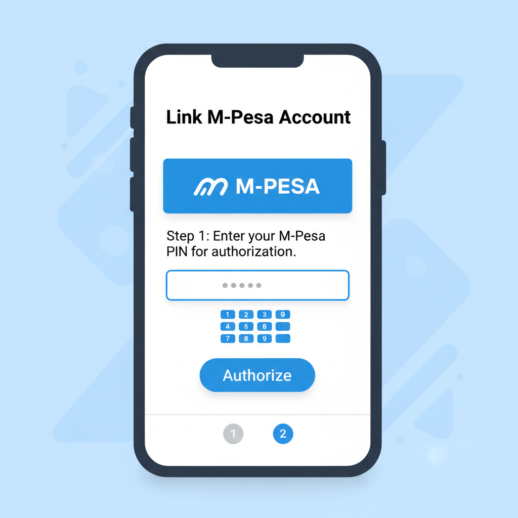 App settings screen linking M-Pesa with PIN entry, M-Pesa logo integration, authorization flow