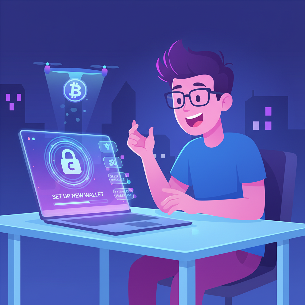 developer excitedly setting up crypto wallet on laptop, neon glow, futuristic UI