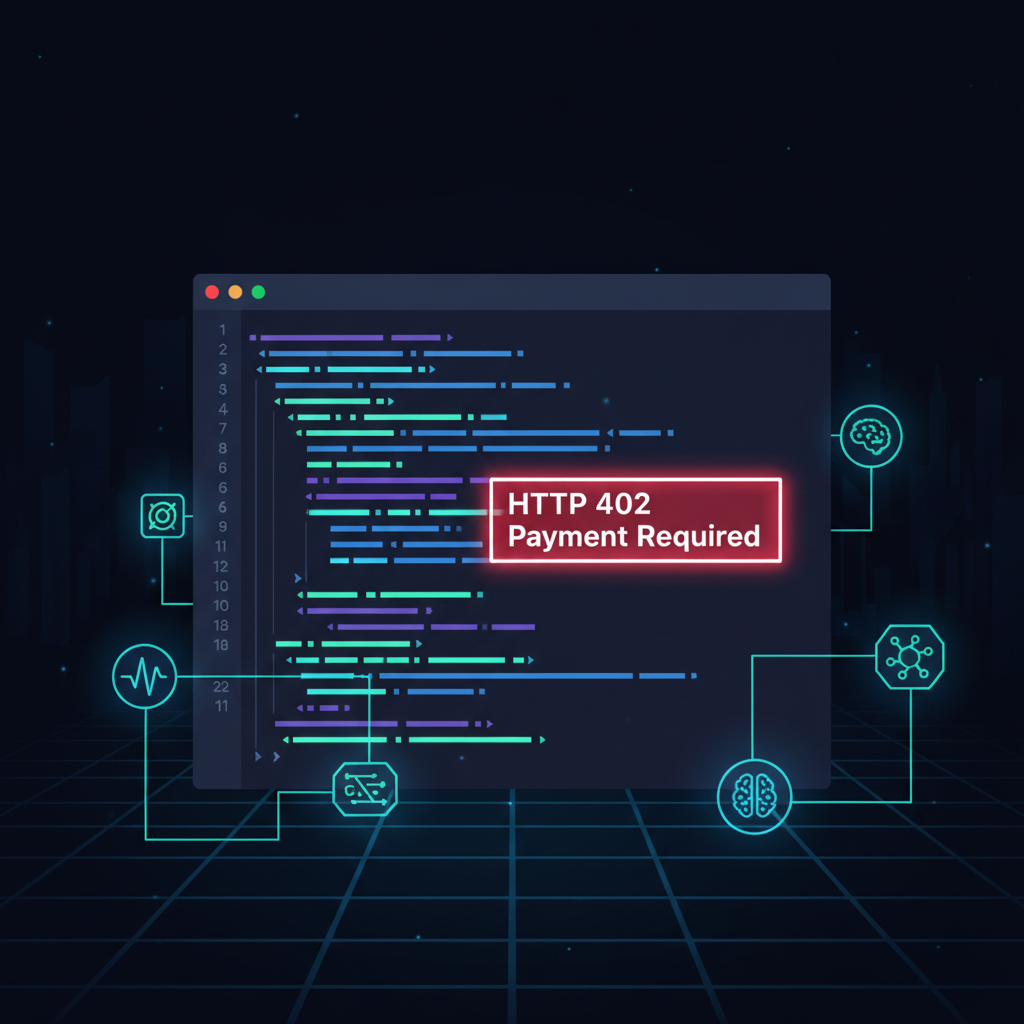 code editor with HTTP 402 response code highlighted, AI neural network icons, cyberpunk style