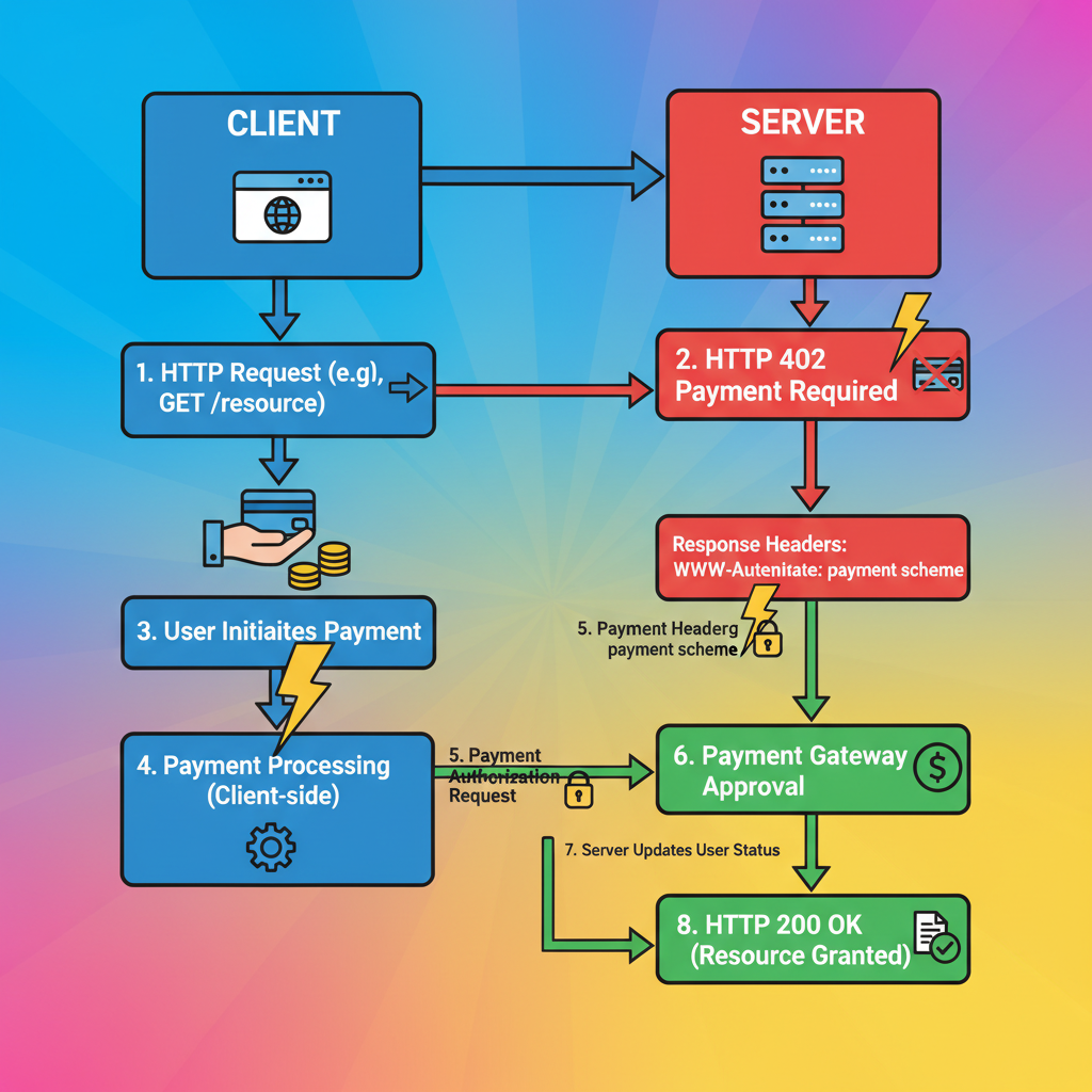 flowchart of HTTP 402 handshake with payment icons and lightning bolts, vibrant diagram