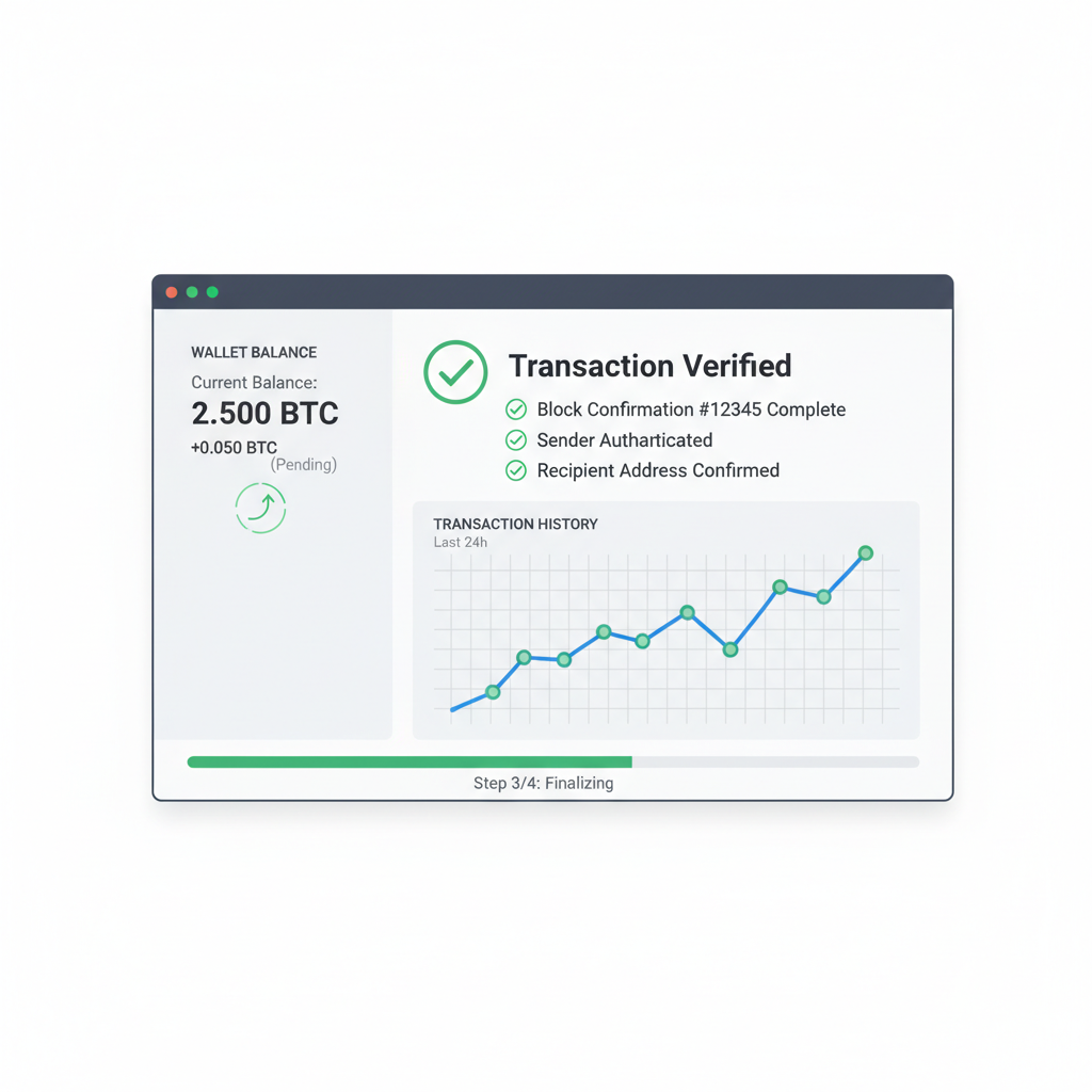 blockchain verification screen with green checkmarks, wallet balance updating, dynamic graph
