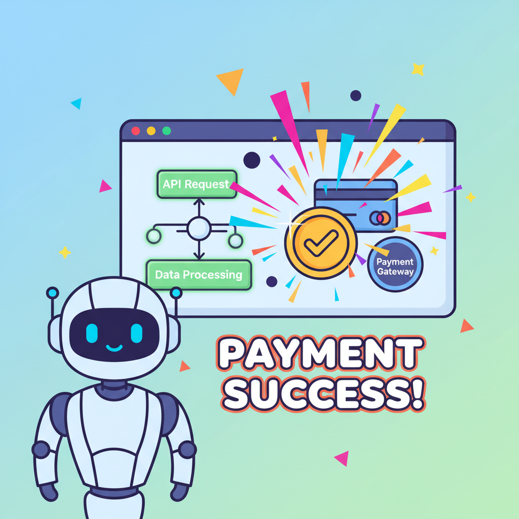 successful API call with payment success animation, AI robot paying, explosive colors