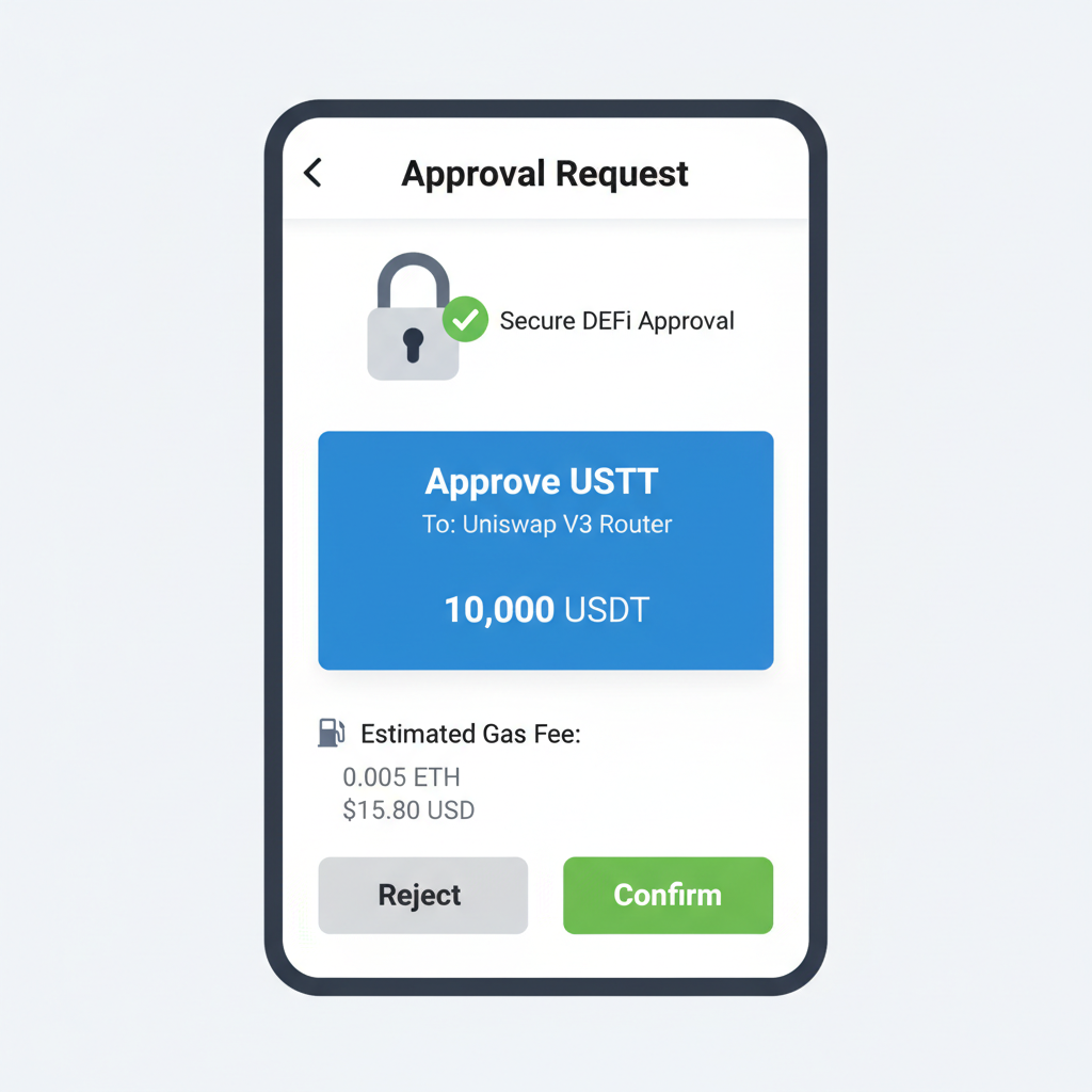 wallet approval transaction popup for USDT on Ethereum, confirm button, gas fee estimator, secure DeFi approval screen