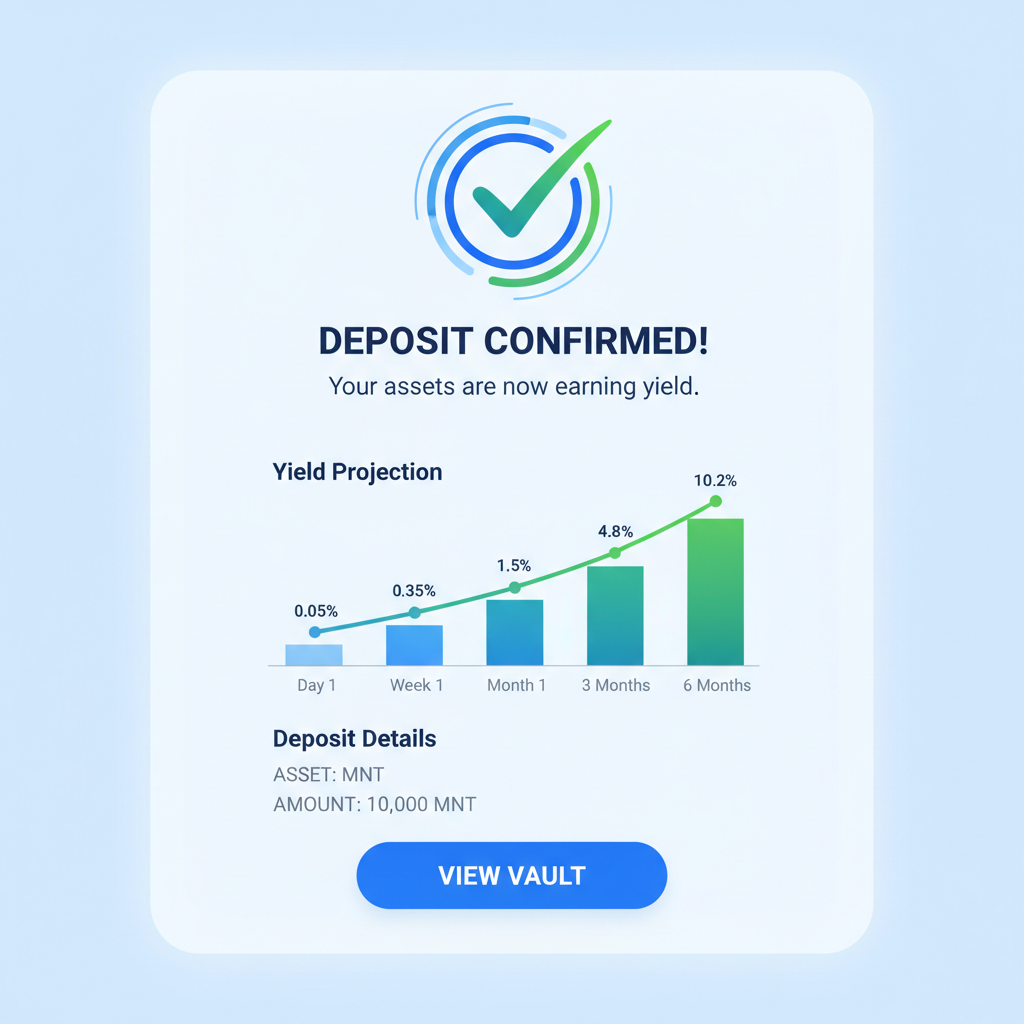 final deposit confirmation screen for Mantle Vault on Bybit, success animation, yield projection graph, professional design