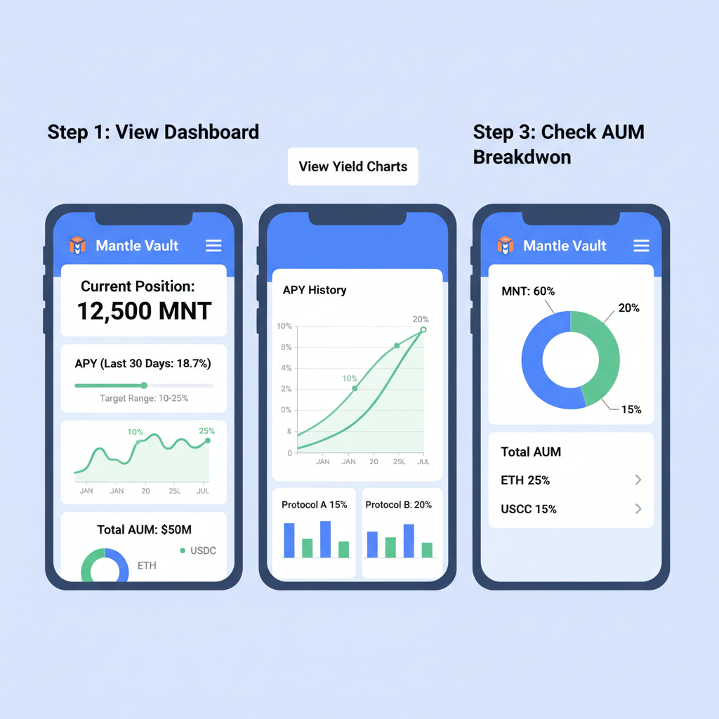 dashboard monitoring Mantle Vault position, yield charts APY 10-25%, AUM stats, responsive mobile view