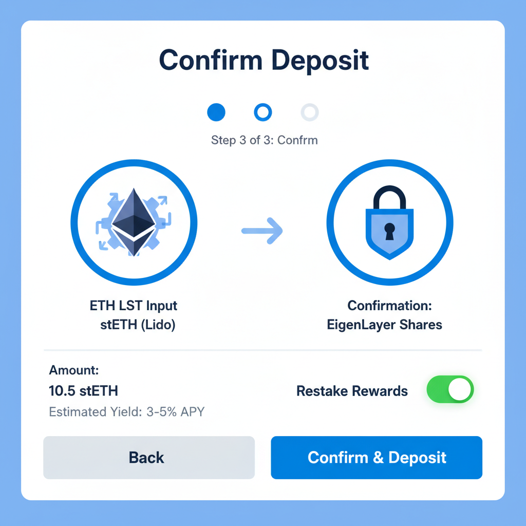 EigenLayer deposit interface ETH LST input confirmation screen
