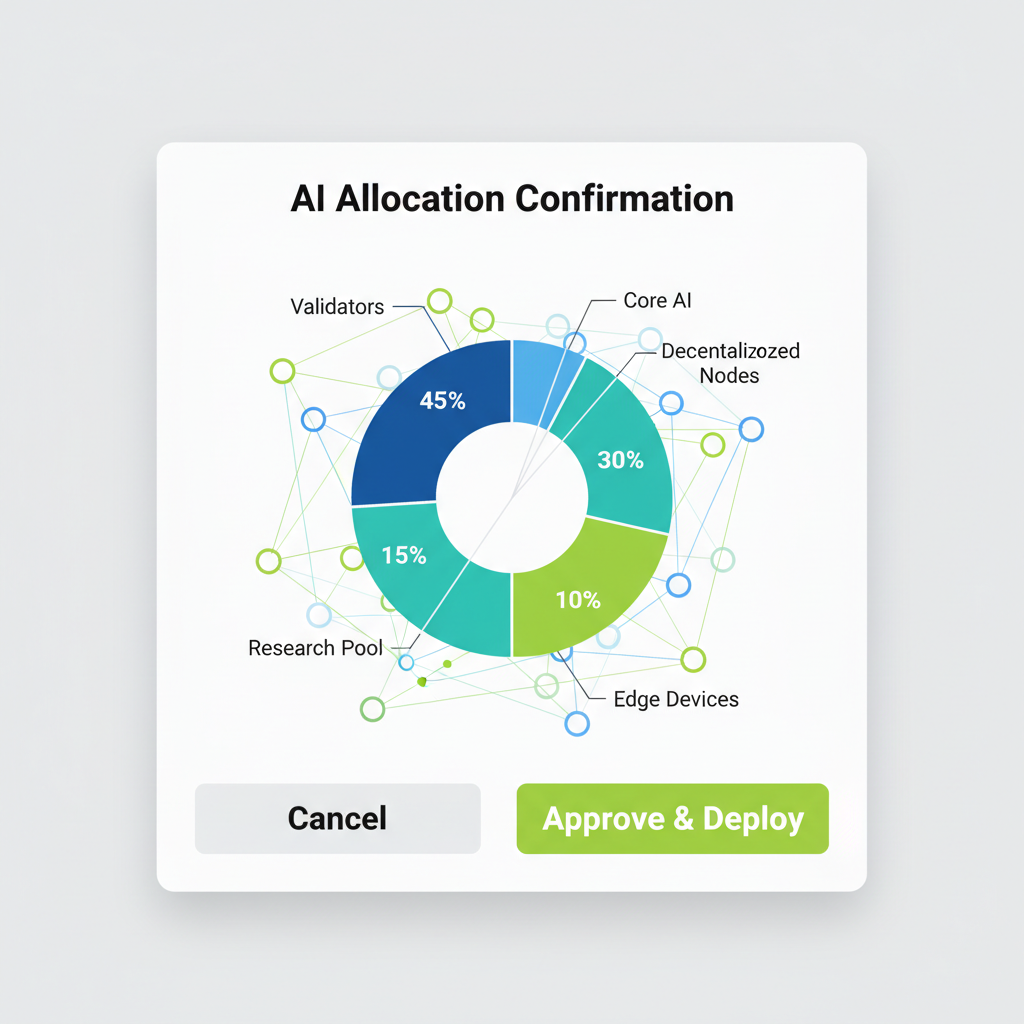 AI allocation confirmation modal, pie chart of validators, neural network visuals, green approval button