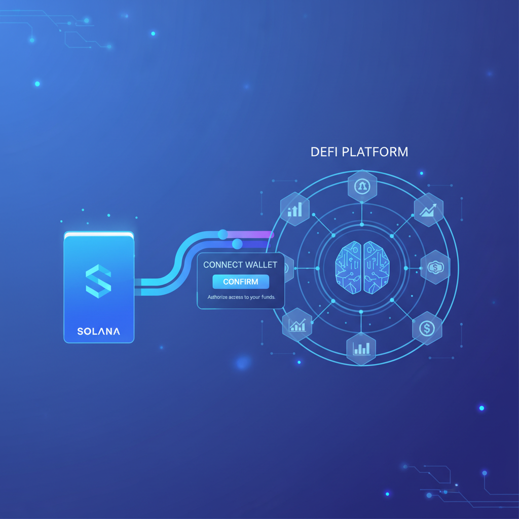 Solana wallet connecting to DeFi dashboard, clean UI, futuristic AI elements, blue purple tones
