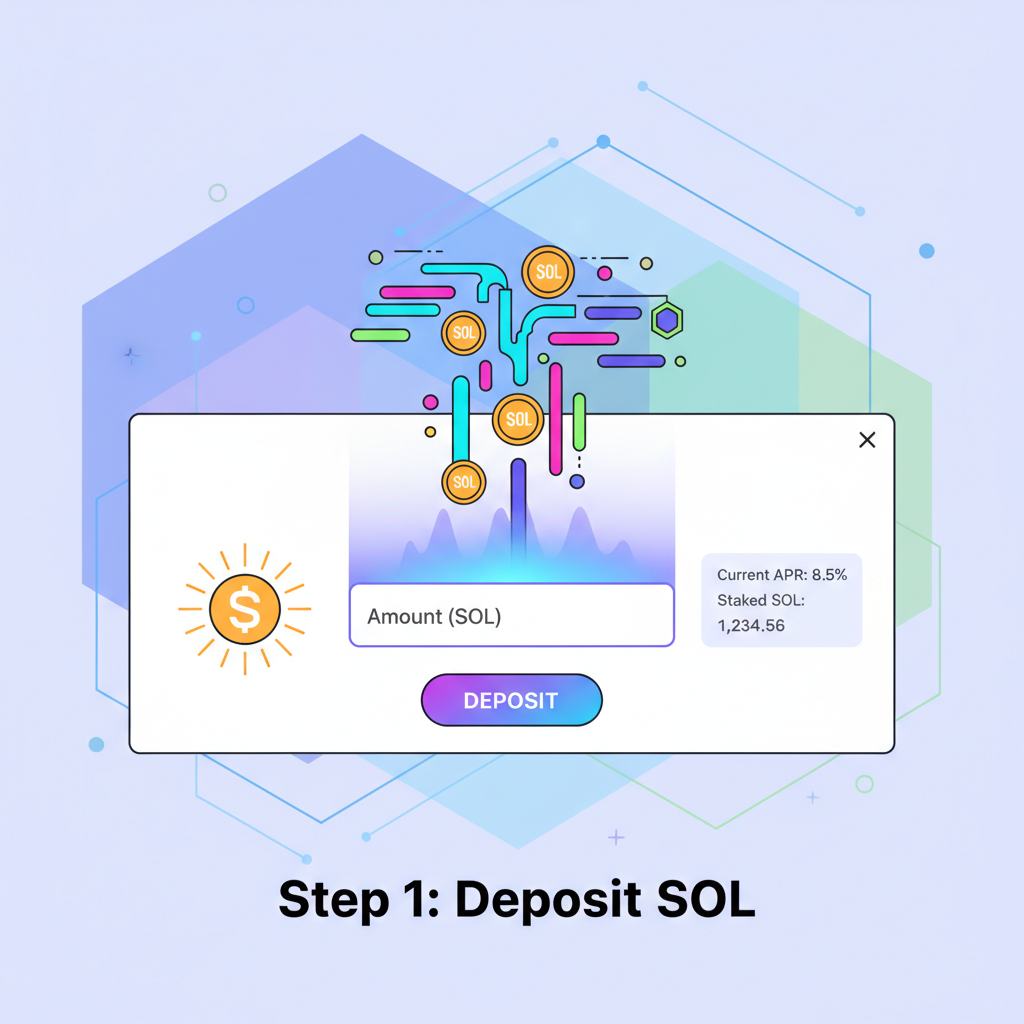SOL deposit interface on Solana LSD platform, input field glowing, tokens flowing in, vibrant crypto graphics