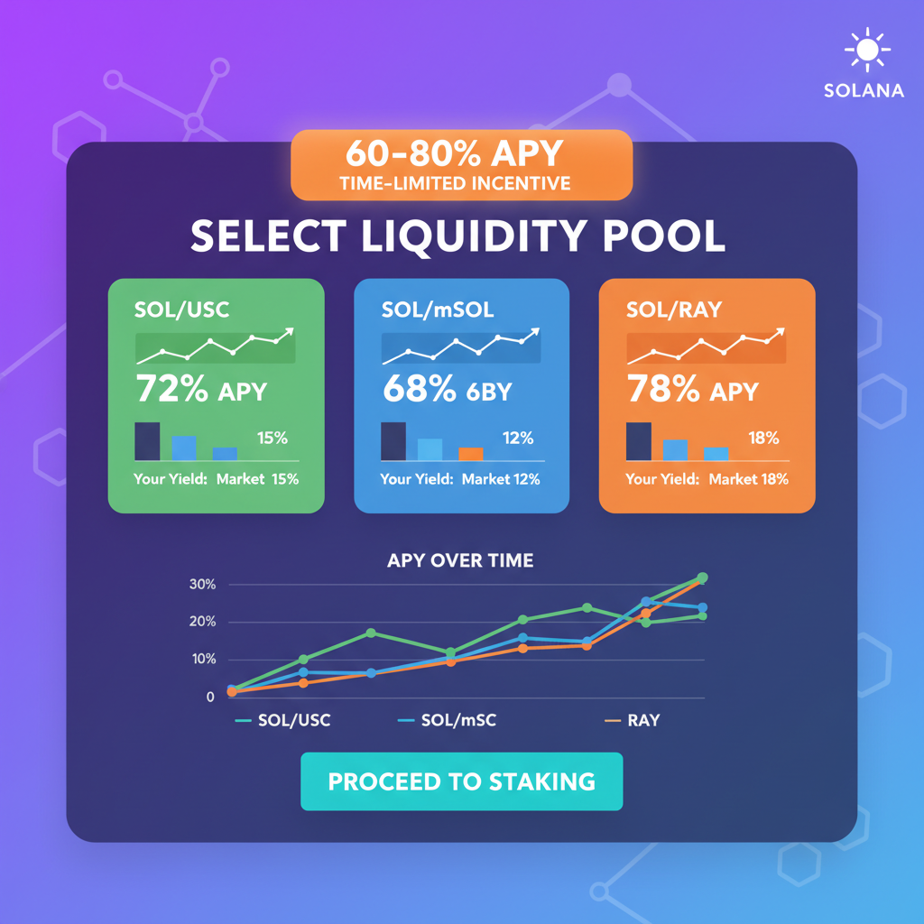 Pool selection screen highlighting 60-80% APY incentive, charts comparing yields, Solana ecosystem theme