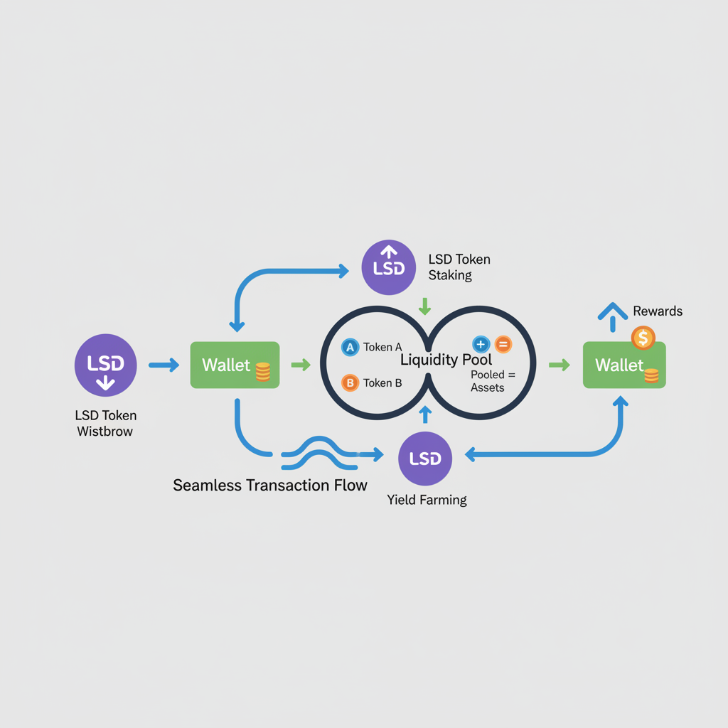 LSD token withdraw or DeFi stacking options, liquidity pool visuals, seamless transaction flow