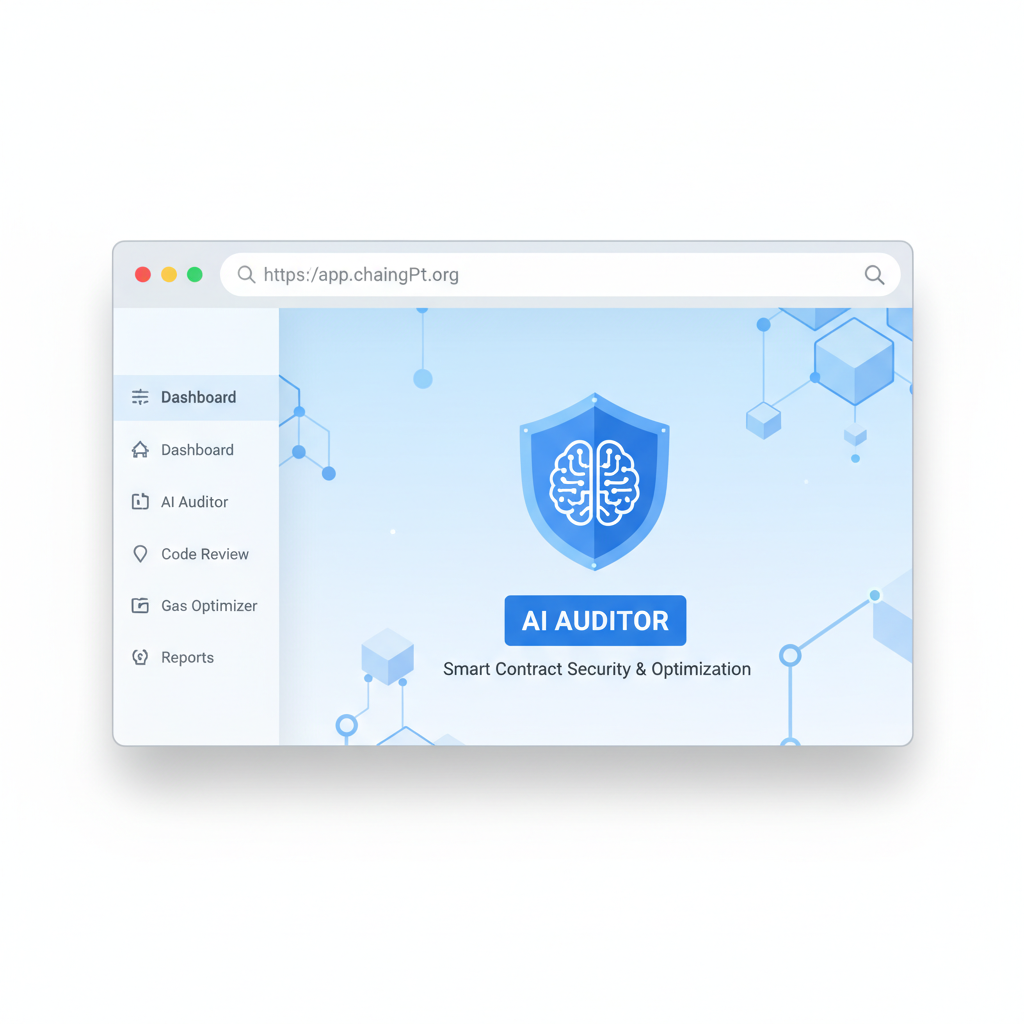 clean browser window opening app.chaingpt.org homepage, prominent AI auditor tool, blockchain security theme, professional UI