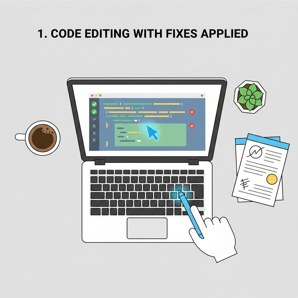 code editing with fixes applied, successful re-audit report, deployment to blockchain visualization