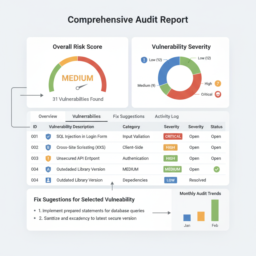comprehensive audit report UI with risk scores, vulnerability lists, fix suggestions, charts and tables