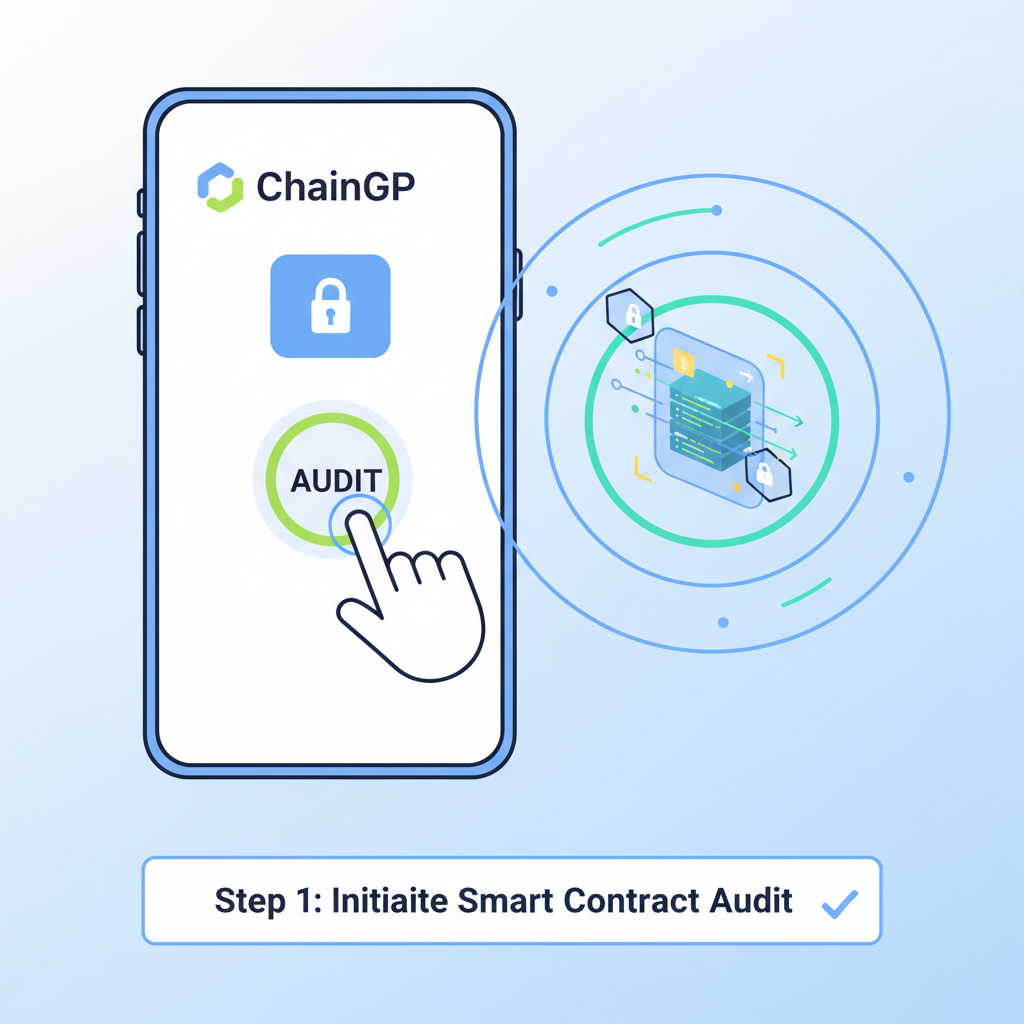 audit button being clicked in ChainGPT app, AI processing animation, scanning smart contract visualization