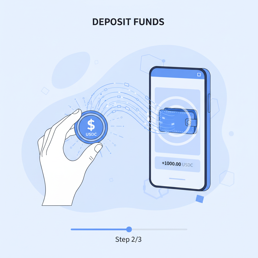 depositing USDC coins into digital wallet, glowing transfer animation