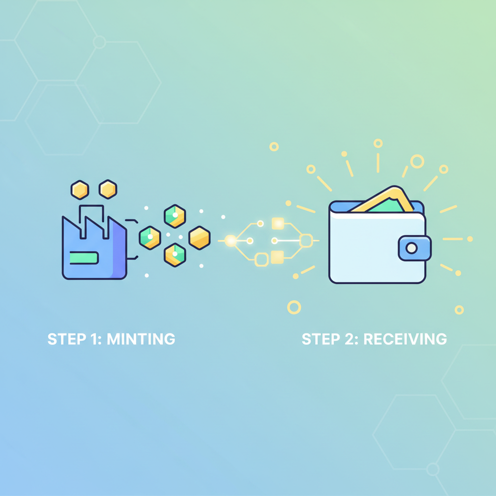 tokens minting and landing in wallet, celebratory glow, blockchain network