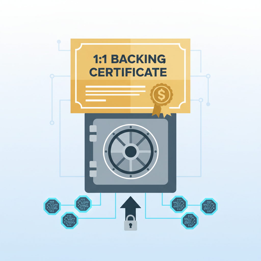 1:1 backing certificate graphic, stocks locked to tokens, secure vault icon