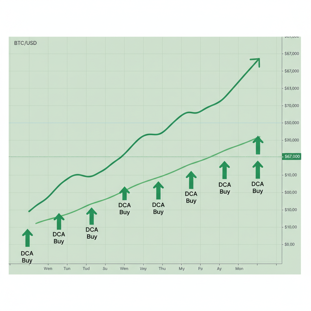 clean bitcoin chart with DCA buy arrows weekly at $67k price level, green tones, data-driven style