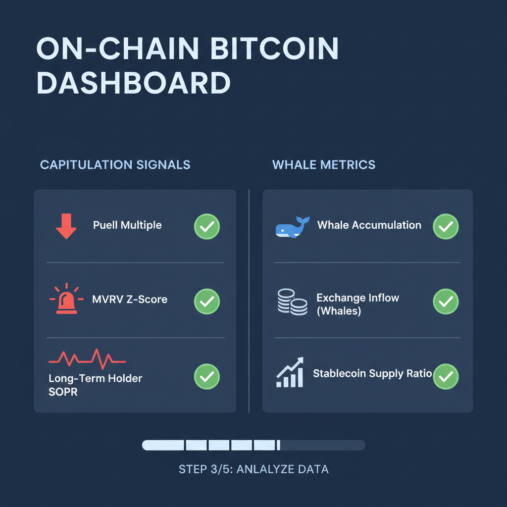 on-chain bitcoin dashboard with capitulation signals, whale metrics, green checkmarks